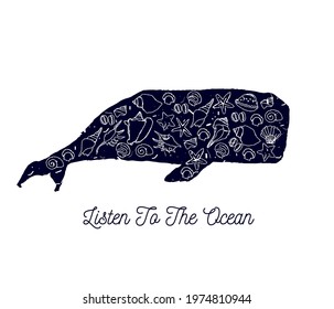 Silhouette of a sperm whale and seashells with the text Listen to the ocean, vector illustration