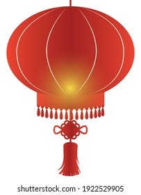 Silhouette of a spherical lantern decorated with Chinese knot, fringes, tassel and glow, isolated over white background.