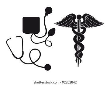 silhouette sphygmomanometer, stethoscope and medical sign vector illustration