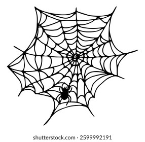 Silhouette of spider hanging on web. Black outline drawing for Halloween. Hand drawn isolated graphic clipart. Simple Doodle style. Line illustration of creepy insect, curved threads for decoration.
