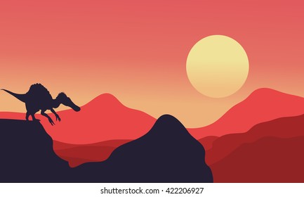 Silhouette of spinosaurus with red backgrounds at the afternoon