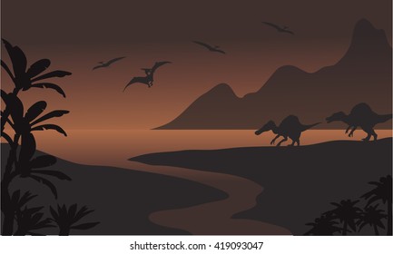 Silhouette of spinosaurus in riverbank and pterodactyl with brown backgrounds