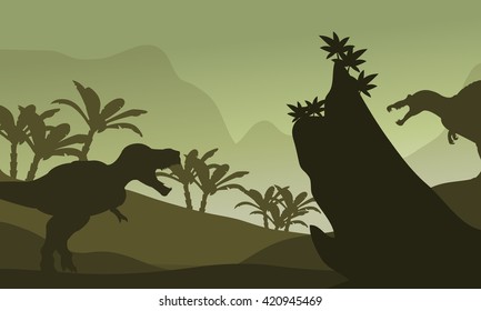 Silhouette of spinosaurus and T-Rex in fields