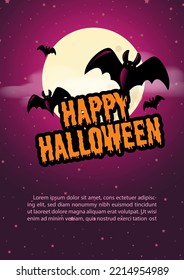Silhouette spooky bats flying with Halloween wording, example texts  on the giant moon and glowing purple light background