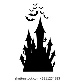 Silhouette of a spooky castle with bats flying above, creating a mysterious and eerie atmosphere suitable for Halloween or horror themes.