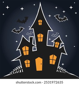 Silhouette of a spooky haunted house with bats flying around under a full moon. This eerie vector design captures the essence of Halloween, perfect for haunted themes, party invitations, posters.