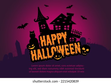 Silhouette spooky haunted house with Halloween wording on glowing purple light background