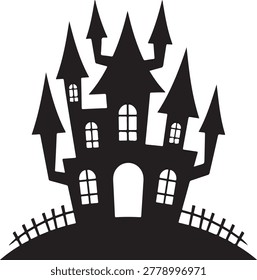 Silhouette of a spooky haunted house with multiple towers and a picket fence on a grassy hill