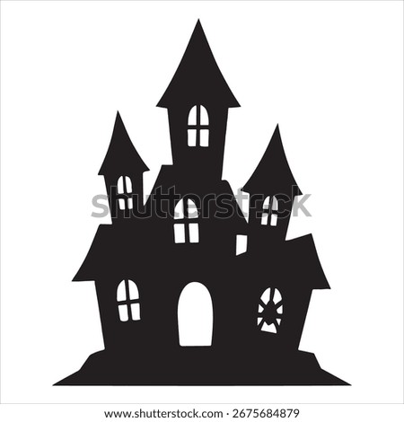 Silhouette of a spooky, haunted mansion with multiple towers and glowing windows, perfect for Halloween themes.