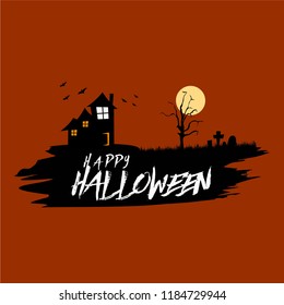 Silhouette of spooky house isolated on dark background with flying bats, gravestones under the tree and gloomy full moon. Vector illustration of Halloween theme