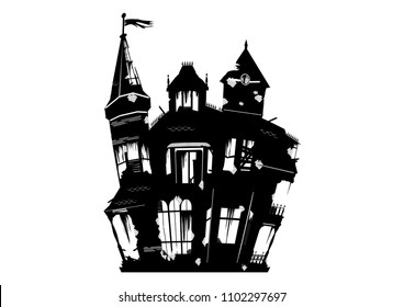 A silhouette of a spooky house on a white background. Flat vector.