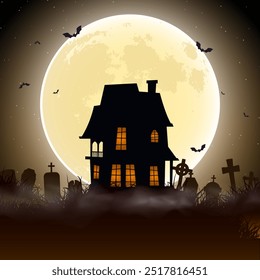 Silhouette von Spooky House Umgeben von Grabsteinen unter Vollmond