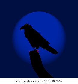 Silhouette of a spooky raven bird against a blue moon. Vector illustration. 