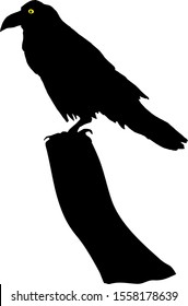 Silhouette of a spooky raven bird perched on a tombstone head. Vector illustration. 