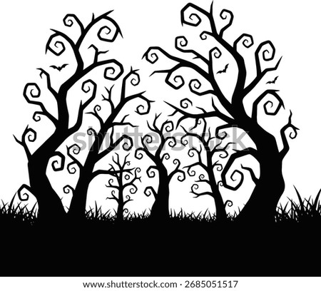 Silhouette of spooky trees with twisted branches and bats flying overhead creates a halloween night scene evoking a sense of mystery and fear perfect for seasonal designs and themed events.
