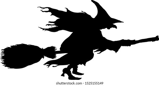 Silhouette of a spooky witch flying on a broomstick for Halloween concept. Vector illustration. 