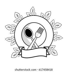 silhouette spoon, fork and plate with leaves and ribbon