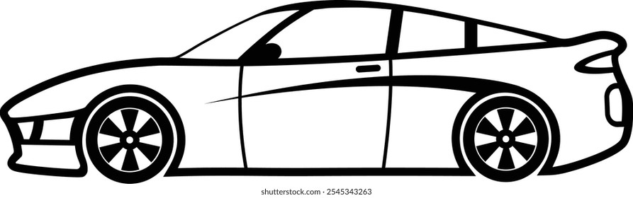 Silueta de coche deportivo icono de Ilustración vectorial de estilo plano en blanco y negro. Vista lateral, superior y frontal del coche de Vector Fil and Outline.