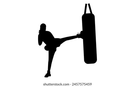 Silhouette von Sport-Mädchen-Übung Muay Thai-Training mit knienden Boxsandsack