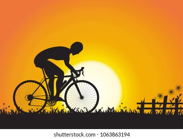 Silhouette of sport man cycling on golden sunrise background, vector illustration