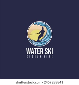 Silhouette Sport Man enjoying water skiing in sea or ocean on a circle, logo vector image.
