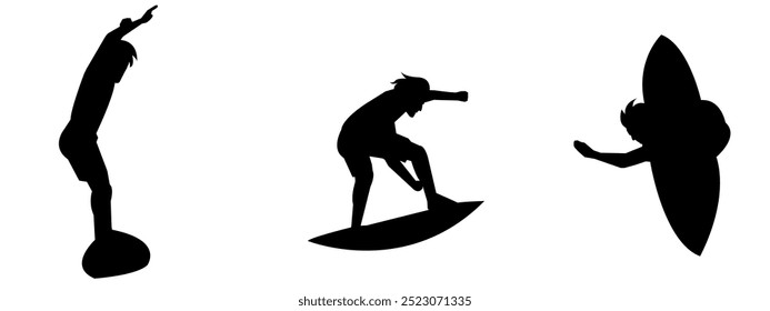 Silhouette sport surf person. Athlete surfing silhouettes. Sport standing long board surfing. Male people surfing silhouette. Set of beach wave surfing silhouette illustration