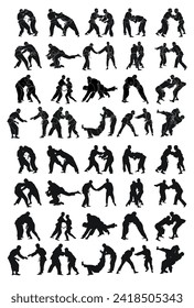 Judóka de combate deportivo de Silhouette. Judoista, judoka, atleta, duelo, lucha, judo, vector aislado