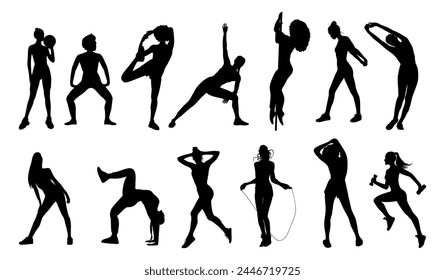 Silhouette of sportive young women doing exercises