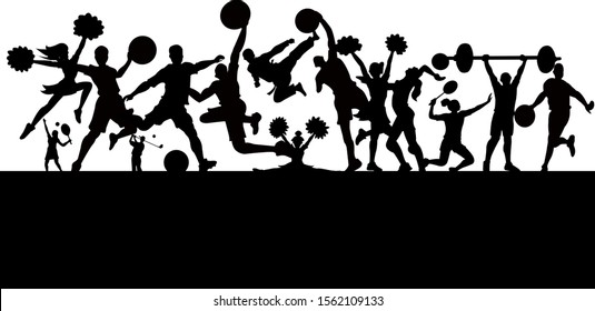 Silhouette of Sports Background. Football, Basketball, Cheerleader, Taekwondo, Volleyball, Badminton, Golf, Tennis, Weightlifting. Logo, Icon, Exercise, Equipment, Symbol. Vector illustration.