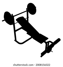 Silhouette of sports equipment isolated on white background. Bench with a barbell for the press. Isometric view. Vector illustration