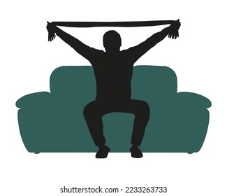 Silhouette of a sports fan with football paraphernalia who is a fan of the team in front of the TV on the couch.