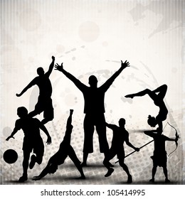 Silhouette of sports persons or athletes on abstract grungy grey background. EPS 10.