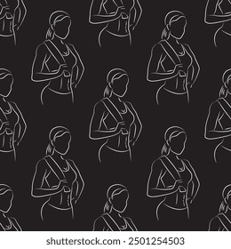 Silhouette of sports woman on a black background, seamless pattern. Texture with slim strong girl, gym, fitness. Wallpaper or decorative banner for print, web and more. vector illustration