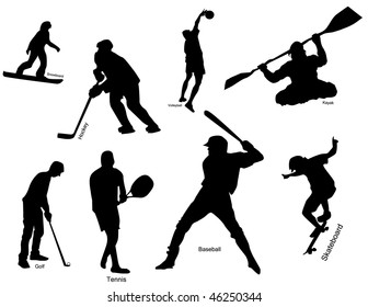 Silhouette of sportsmen in various kind of sports with descriptions.