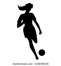 Silhouette Of A Sporty Beautiful Girl Soccer Player Kicking A Ball. Back View. Girl Running, Playing Football. Black Color Art Silhouette Contour Isolated On White Background. Vector Illustration.