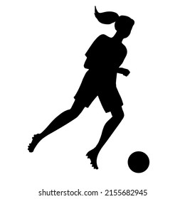 Silhouette of a sporty beautiful woman playing soccer. Girl running for the kicking ball. Black color art silhouette contour isolated on white background. Vector illustration.