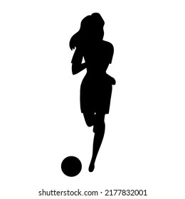 Silhouette of a sporty beautiful woman playing soccer. Side to front. Girl running for the kicking ball. Black color art silhouette contour isolated on white background. Vector illustration.