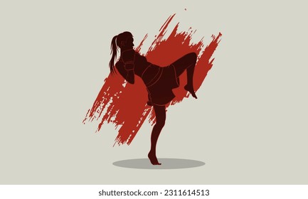 Silhouette de una chica deportiva con pantalones cortos y guantes de boxeo. Antecedentes abstractos. Boxeo tailandés oriental.