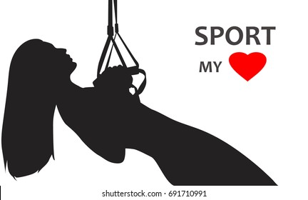 Silhouette of sporty girl. TRX suspension training. Sport my love phrase 