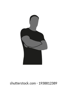 Silhouette of a sporty man with crossed arms. Icon, pictogram of a male figure in a t-shirt. Symbol, human figure drawn in simple flat style, isolated Black and white vector