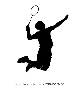 Silhouette eines sportlichen Mannes, der mit ihrem Schläger Badminton spielt. Silhouette eines schlanken männlichen Badminton-Athleten in Aktion Pose.