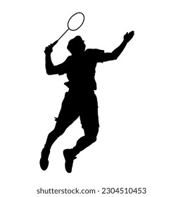 Silhouette of a sporty man playing badminton in action with her racket. Silhouette of a slim male badminton athlete in action pose.