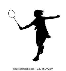 Silhouette of a sporty woman playing badminton in action with her racket. Silhouette of a slim female badminton athlete in action pose.