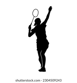 Silhouette of a sporty woman playing badminton in action with her racket. Silhouette of a slim female badminton athlete in action pose.