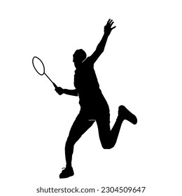 Silhouette of a sporty woman playing badminton in action with her racket. Silhouette of a slim female badminton athlete in action pose.