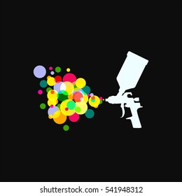 Silhouette of spray gun paint. Simple logo for business. Colorful circles on a black background.