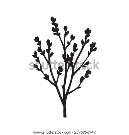 A silhouette of spring branch with green buds and shoots vector icon illustration on white background.