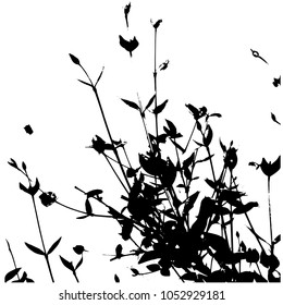 Silhouette of spring branches with leaves. Young shoots. Isolated image on white background. Vector illustration.