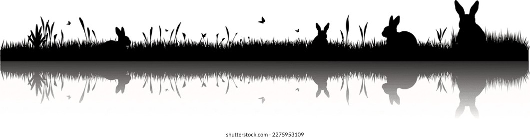 Silhouette: spring meadow with rabbits, plants, grasses and butterflies - Easter - reflection