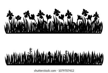 Silhouette spring and summer forest and garden flowers, black color, isolated on white Vector illustration of the nature of the flower and grass in spring and summer in the garden, Lily, iris, bell